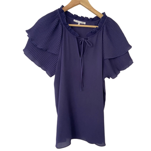 VIOLET & CLAIRE NAVY BLUE SHORT SLEEVED TOP/BLOUSE WITH RUFFLE & PLEAT DETAILS